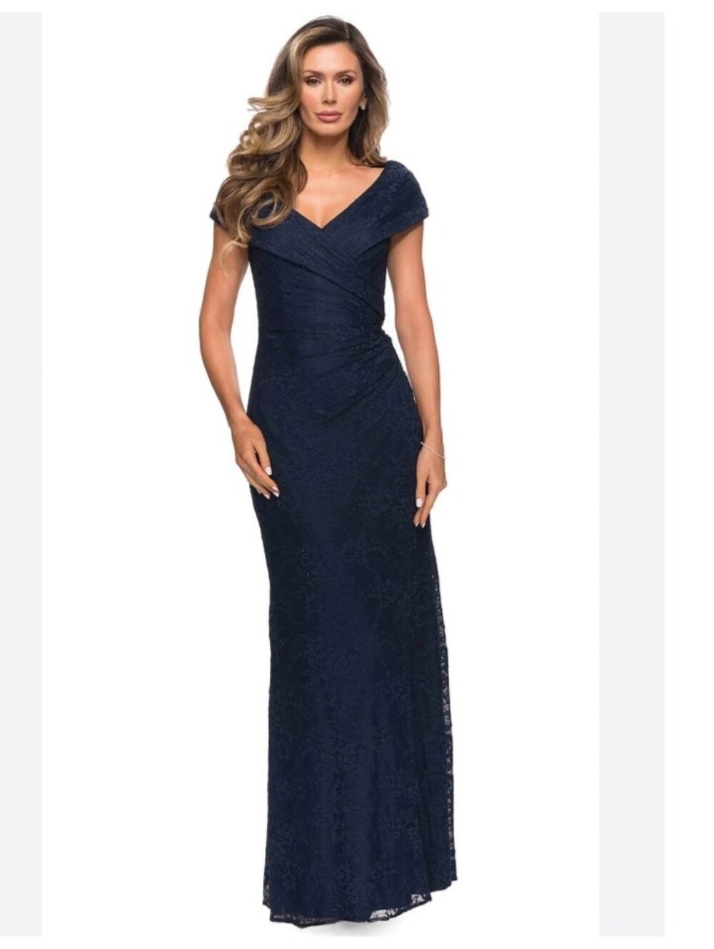 La Femme Navy Blue Lace Off-Shoulder Maxi Dress